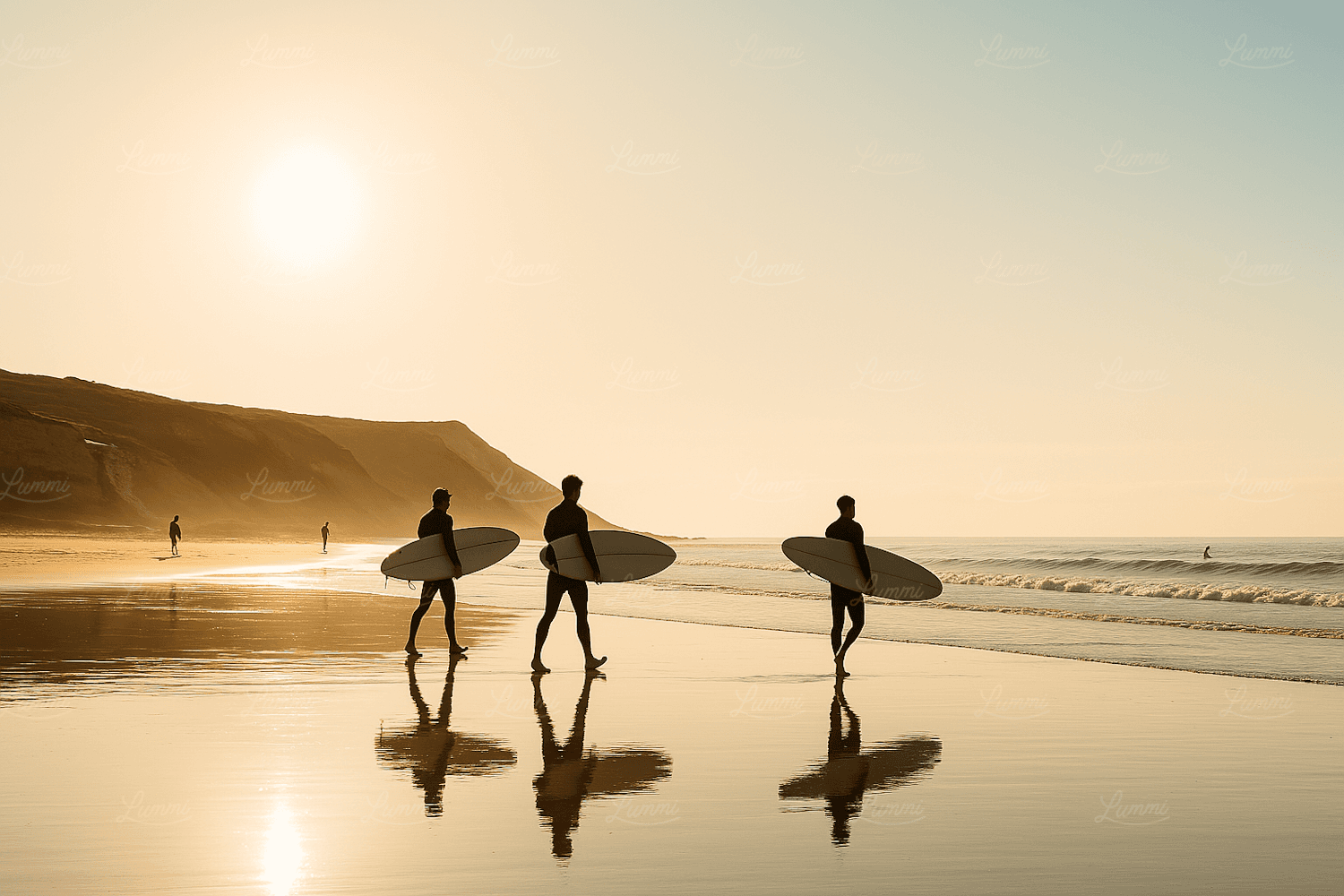 Three surfers walking along a beach at sunset