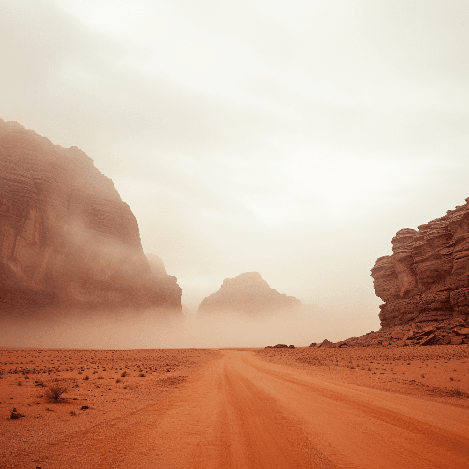 A dusty road running through desert rock formations