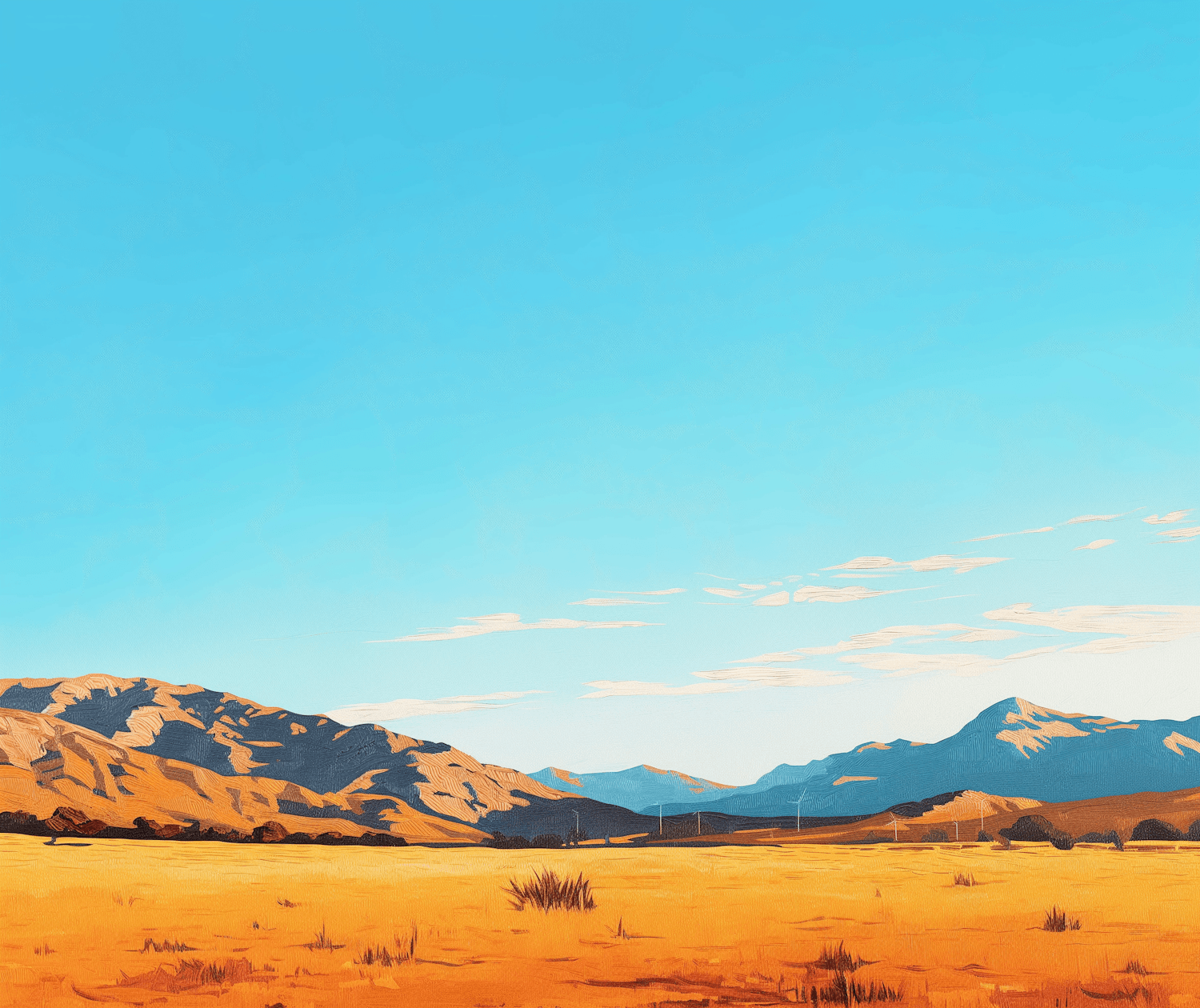 A wide golden valley running towards distant mountains