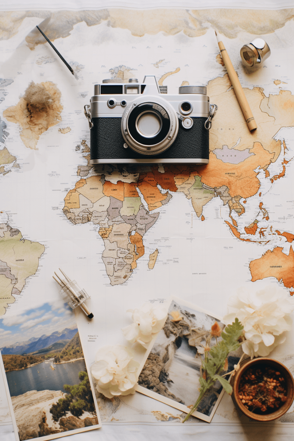 A camera resting on a map beside travel photographs