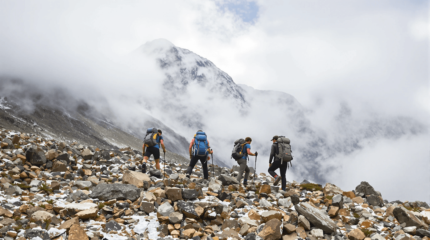 Four walkers crossing a snowy mountain landscape together