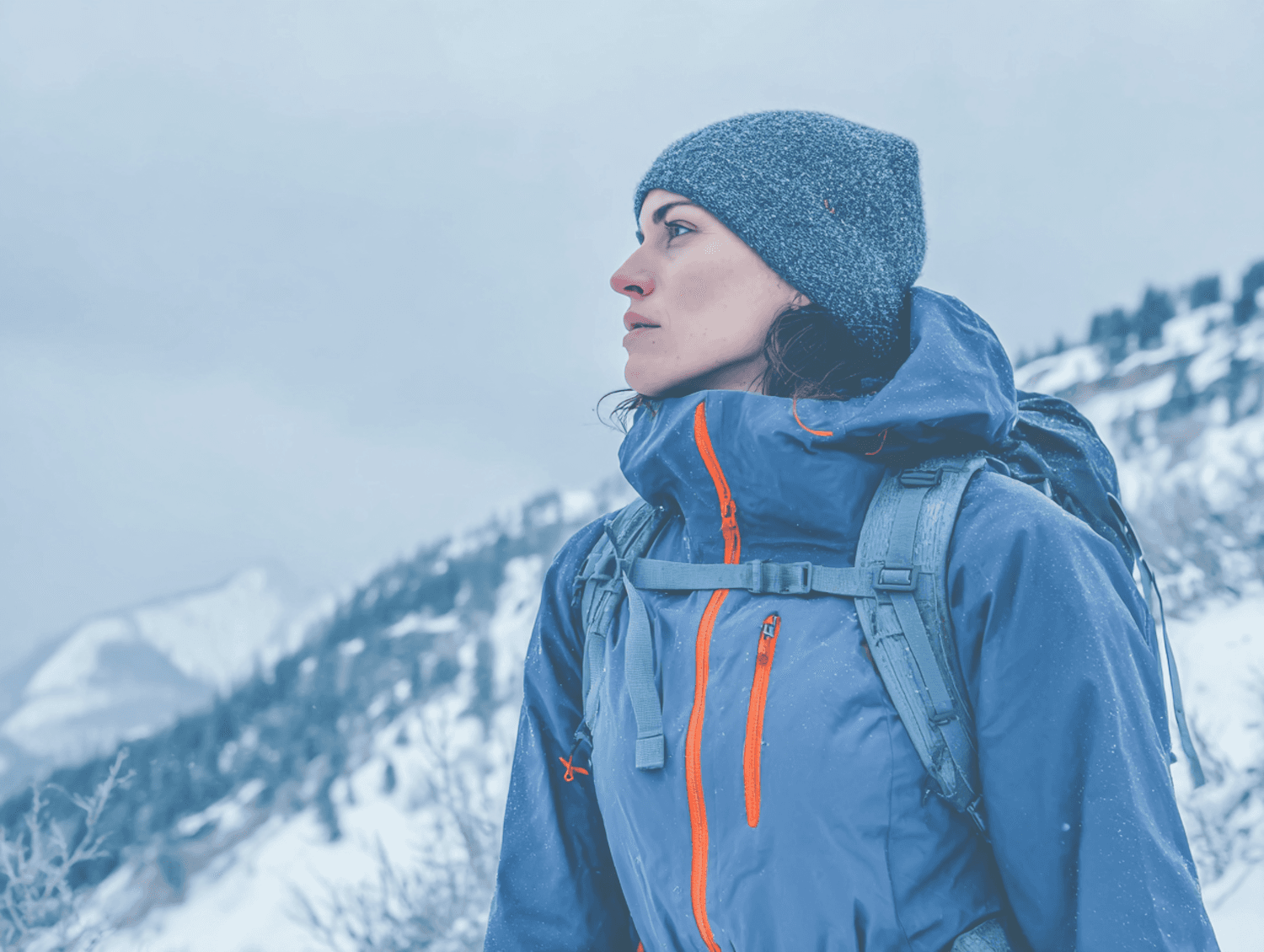 A traveller in a blue jacket walking in a snowy landscape